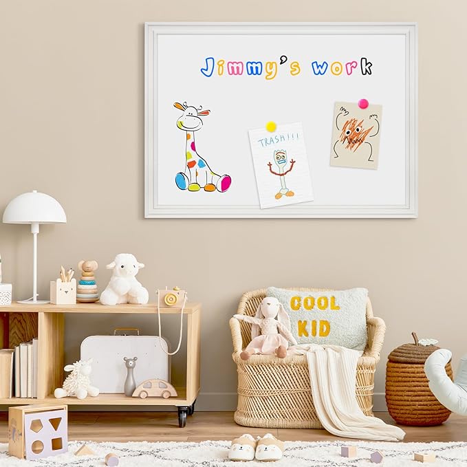 4 THOUGHT Dry Erase Board, 24 x 18 in Magnetic Whiteboard Wood Frame Wall-Mounted White Board Decorative Planner Notice Board for School, Office, Home, 8 Magnets 4 Markers 1 Eraser, White
