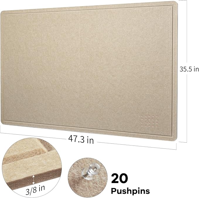 Lightomorrow Large Bulletin Board - 48 x 36 Inches, Decorative Felt Pin Board for Wall - 4' x 3' Foldable Photo Display Board with Self-Adhesive Tape, Includes 20 Push Pins - Beige Brown