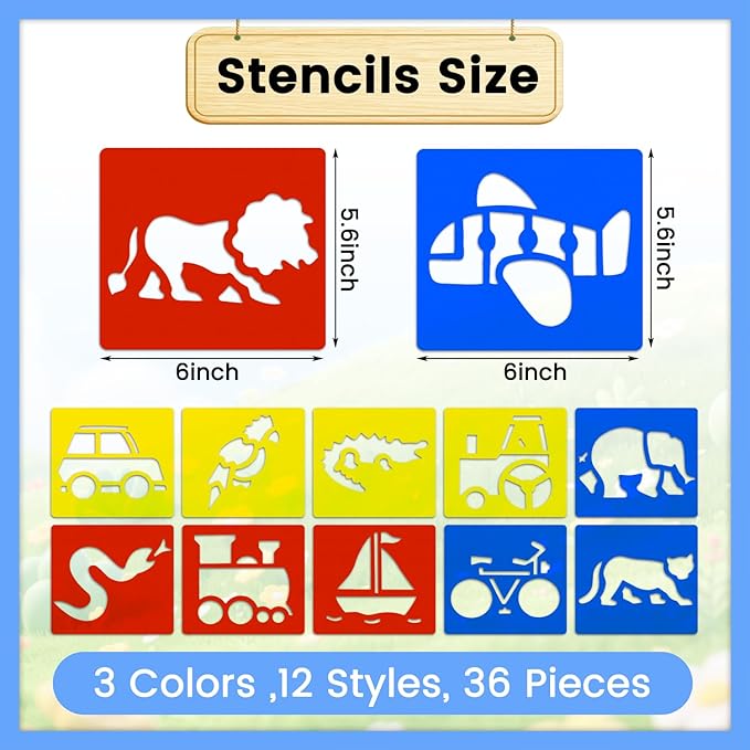 36 PCS Drawing Stencils, 5.6 x 6 Inch Chalk Drawing Stencils, Large Washable Vehicles Jungle Animals Themed Primary Shape Template for Learning Painting DIY Craft