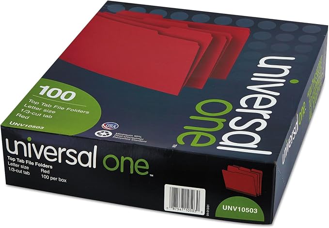 Colored File Folders, 1/3 Cut One-Ply Top Tab, Letter, Red, 100/Box