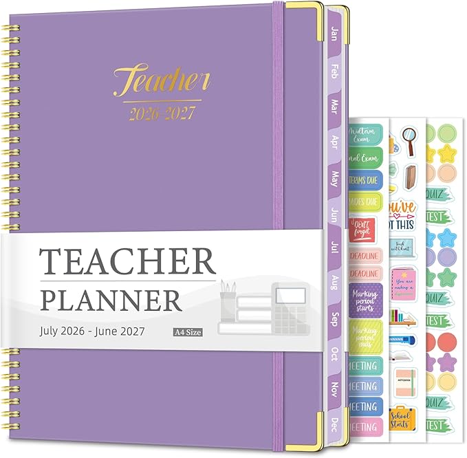 Teacher Planner 2026-2027, Jul 2026-Jun 2027 Academic Year, 8.5" x 11" Lesson Planner Book for Teachers Calendar, Spiral Bound Planners, Colorful Monthly Tabs, Hardcover, Corner Protectors - Purple