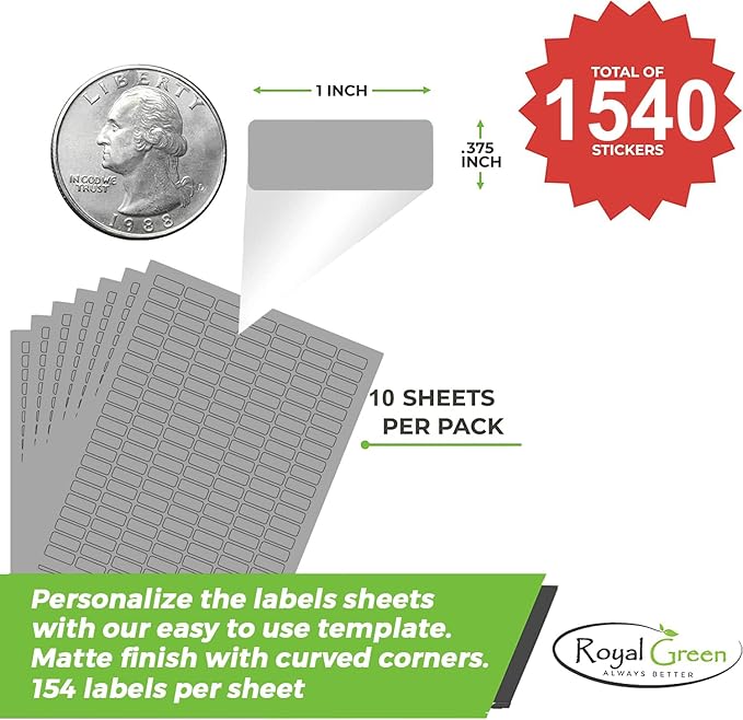 Gray Sticker Label Sheets Bulk Printable Paper Labels 1 inch x 0.375 inch - 1540 Pack, 10 Sticker Sheets for Laser/Inkjet Printers with Template Included by Royal Green