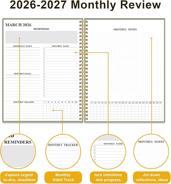 Monthly Planner 2026-2027 – Monthly Calendar from July 2026 to December 2027, 18 Month Planner with Spiral Binding, Inner Pocket, Elastic Closure, 8.5" x 11", Green