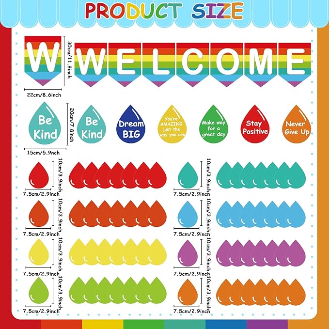 Back to School Bulletin Board Decorations First Day of School Bulletin Board Rainbow Welcome Back Banner Raindrop Motivational Cutouts Classroom Decor School Holiday Bulletin Board