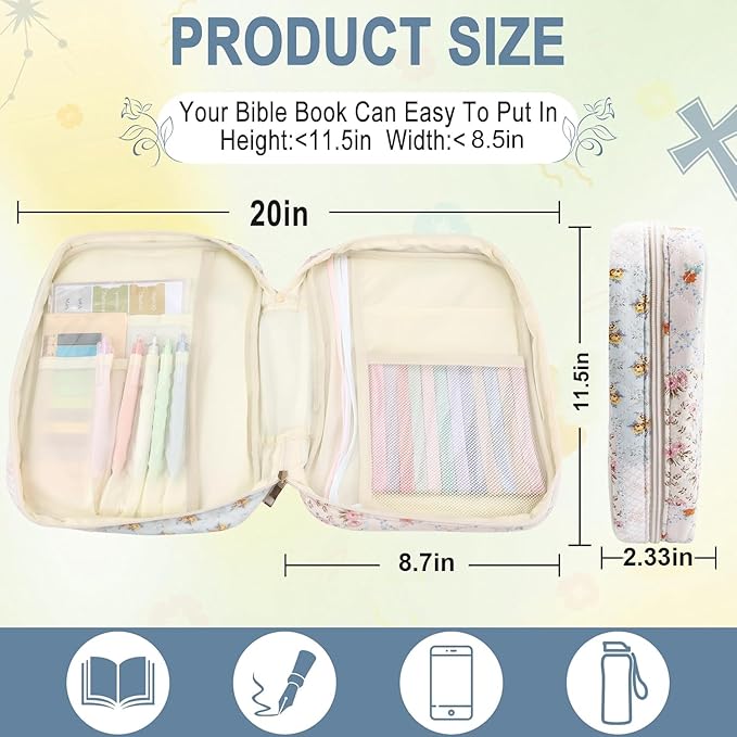 Zkptops Bible Cover Case for Women Girls Large Bible Bag Cotton Quilted Floral Bible Carrying Case with Zipper Pocket and Handle Christian Carrying Book Cover for Christian Study Supplies Accessories