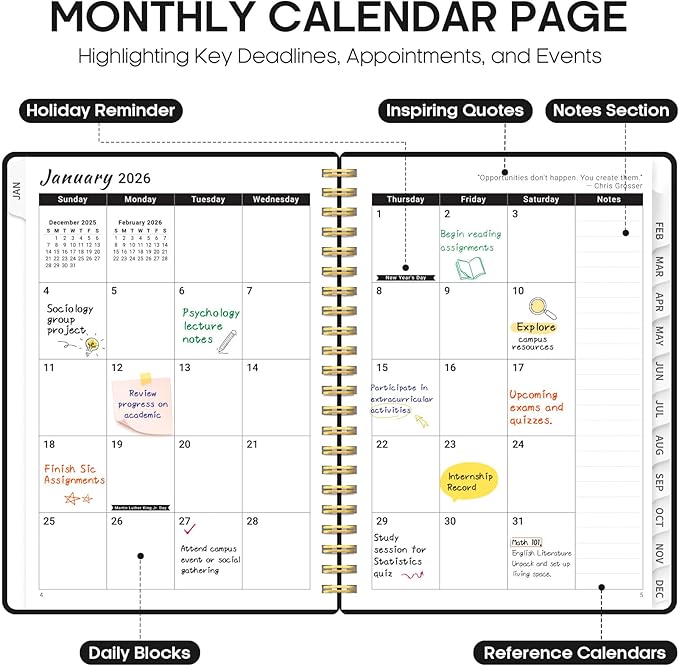 2026 Planner, Weekly and Monthly Calender Planner, Jan 2026 to Dec 2026, Hardcover 2026 Calendar Book with Tabs & Inner Pocket, Office Home School Supplies for Women & Men - A5 (6.3" x 8.5"), Black
