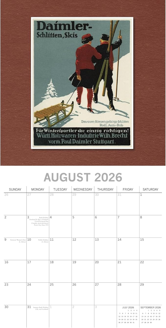 The Gifted Stationery 2026 Square Wall Calendar, Vintage Skiing Posters, 16-Month Arts & Antiques Theme Hanging Calendar with 180 Reminder Stickers, Month Planner for Creative Spaces, 12x12 In