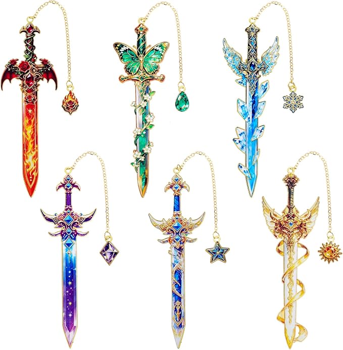 6Pcs Fantasy Sword Metal Bookmarks Set, Cool Wing Bookmark, Fantasy Bookmark Gifts for Book Lover, Reading Accessories for Books Journals Planners, 1.57 x 4.33in