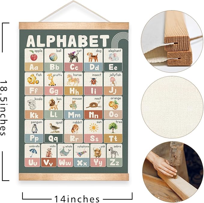 Educational Alphabet Chart Wall Art, 18.5x14Inch Colourful Alphabet Canvas Print Poster with Wooden Hanger, Classroom Learning Posters, A-Z Letters Wall Art Decor for Nursery,Playroom and Home School