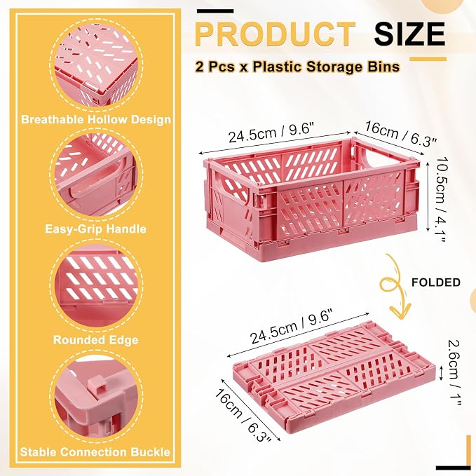 uxcell 2Pcs Small Plastic Storage Baskets, 9.6 x 6.3 x 4.1 Stackable Foldable Storage Bins with Handles Collapsible Crates for Home Office Shelves Closet Books Organizing, Pink
