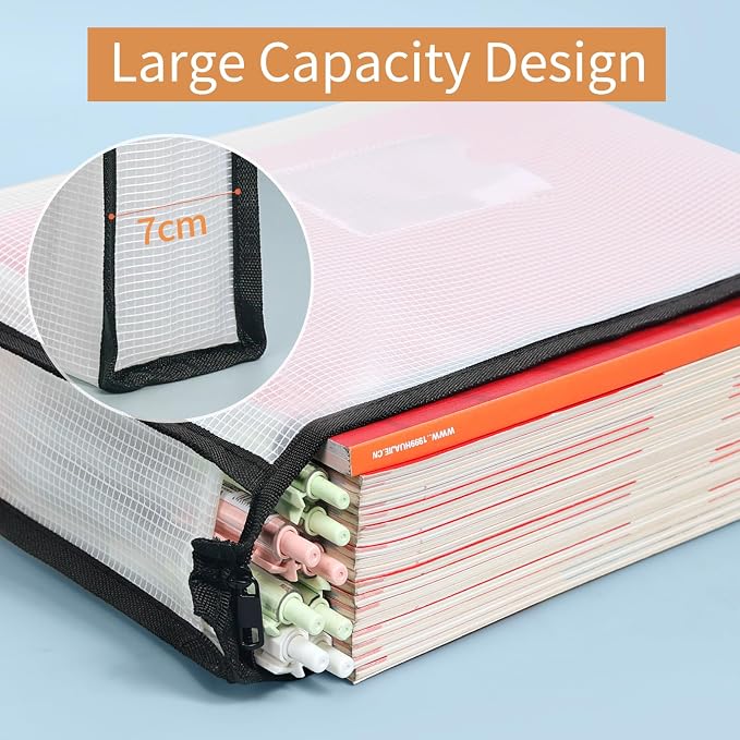 4 Pack A4 Plastic File Folder Poly Envelopes Expanding Document Folders with Zipper and Label Pocket, Files Pouch Wallet for Home, Office, School (Black)