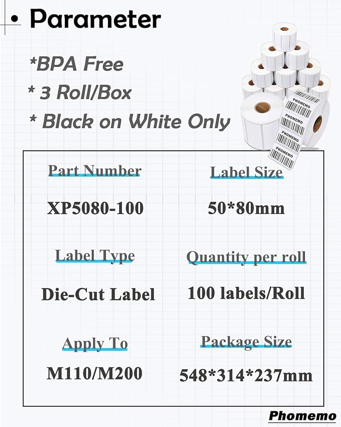Phomemo Labels - Phomemo M110 Labels for M220/ M100/ M250/ M102/M221/M200/M108 Label Maker, 1.97"x3.15"(50x80mm), M110 Thermal Label 3Rolls, Sticker 100 Labels/Roll, Square, Black on White