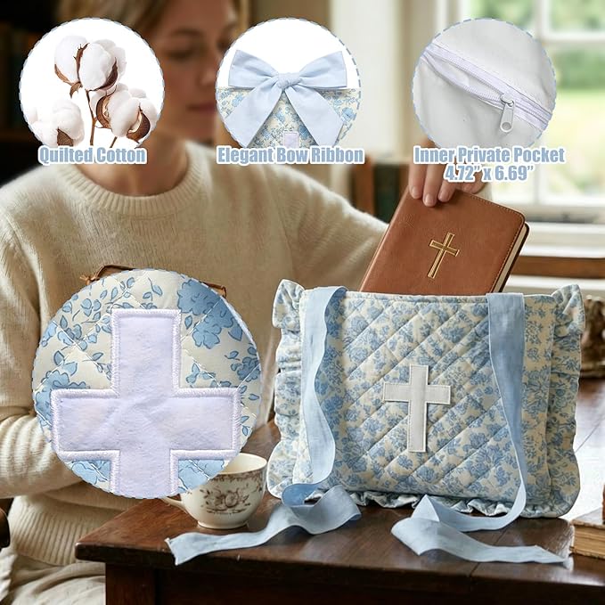 Honoson Quilted Bow Bible Sleeve Cover Case Padded Protector Washable Bible Bag Pouch Christian Gift for Women Girls Book Lover Gifts(Blue Floral Cross)
