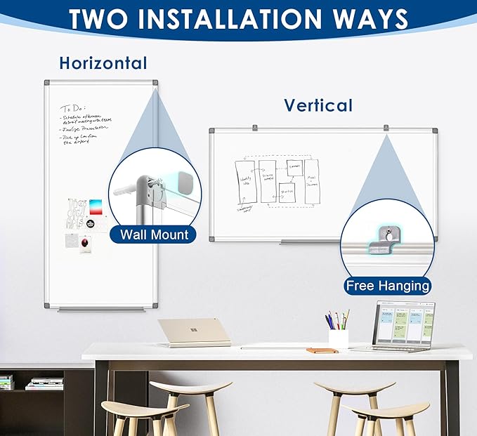 SWANCROWN Magnetic Dry Erase Board 48 x 24 Inches - Large White Board, Silver Aluminum Frame, 4' x 2' Writing Whiteboard for Walls, Home Office, School, Studio