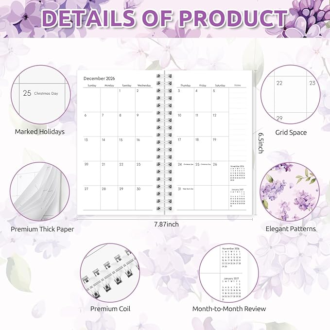 Pocket Calendar 2026-2027, Small Planner -3.7" x 6.7" for Purse, Runs from January 2026 Until December 2027, Monthly Planner 2026-2027 with Coil Organizing & Planning - Purple