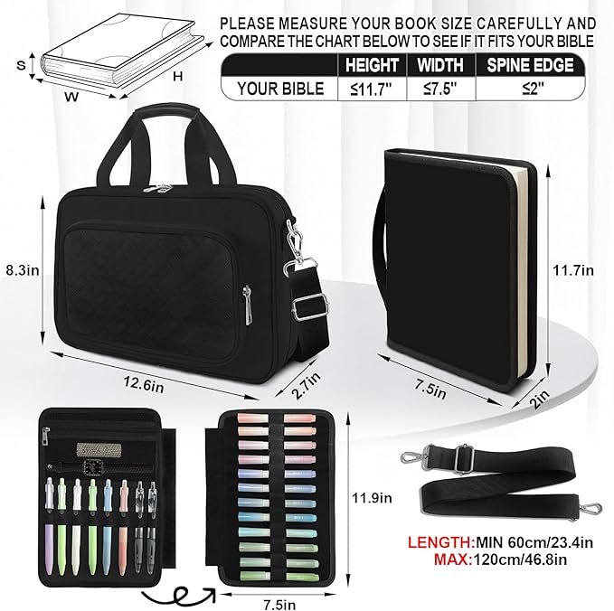 Bible Cover Case for Men Women with Highlighters Tabs Pens Cross Clips Large Church Bag with Zippered Pocket and Handle, Bible Study Supplies Bible Journaling Kit Book Carrying Case (Black)