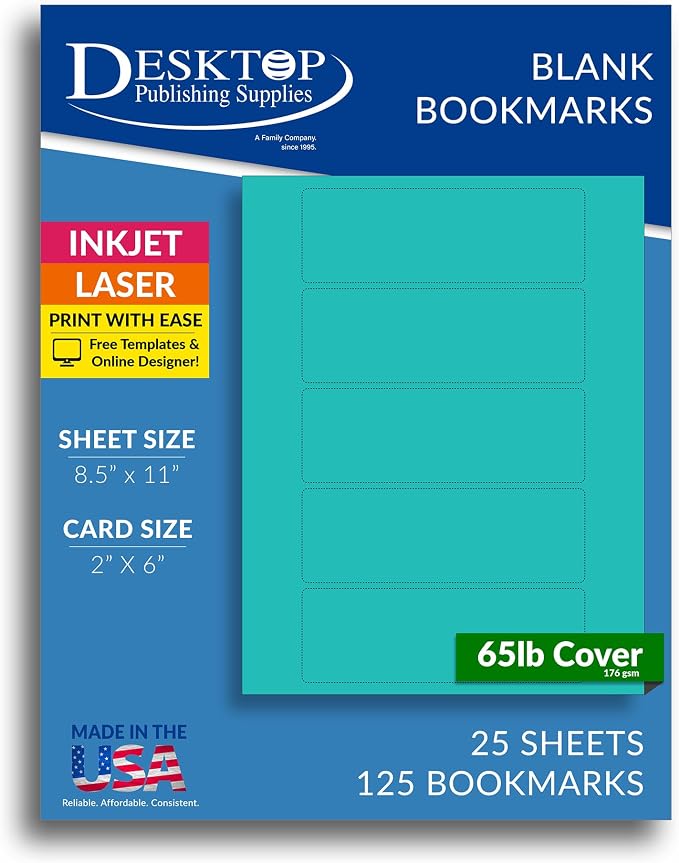 Printable Bookmarks - Blank Bookmark Printing Paper for Inkjet & Laser Printers - 2" x 6" Perforated Bookmarks 5 per Page - 25 Sheets / 125 Book Marks (Teal Blue)