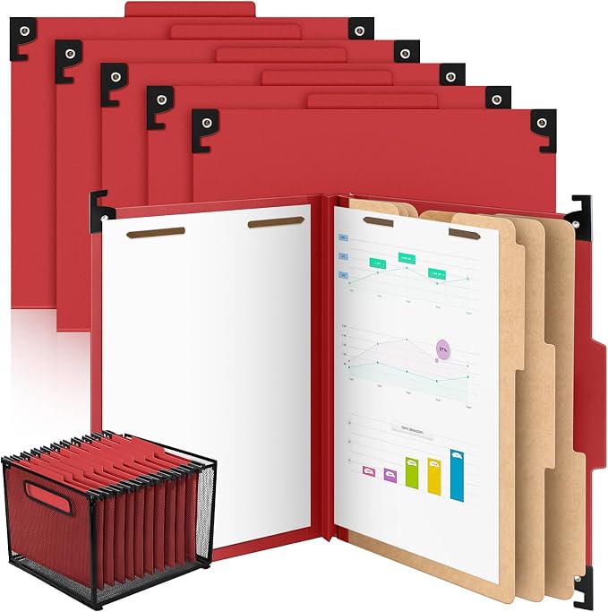 Henoyso 10 Pcs Hanging Classification File Folders, Letter Size Red Folders with 3 Pressboard Dividers, 8 Fasteners, 4 Inch Expansion, 1/3-cut Top Tab for Medical Records and File Cabinet Organizer