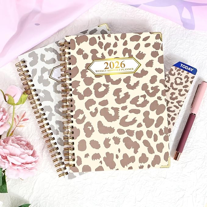2026 Planner, Jan.2026 - Dec.2026 Planner Weekly and Monthly 6.25"x8.5" with Page Tabs, Calendar Hardcover with Inner Pocket, Elastic Band, Twin-Wire Binding, Bookmark, Brown Leopard