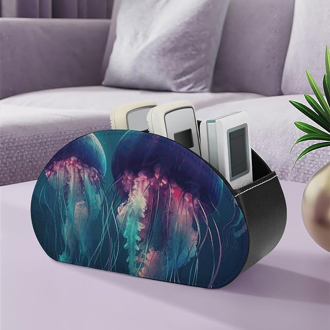 Color Jellyfish Remote Control Holder TV Remote Caddy with 5 Compartments PU Leather Storage Box Stylish Desk Organizer for TV/DVD/Accessories Desk Office Supplies Home