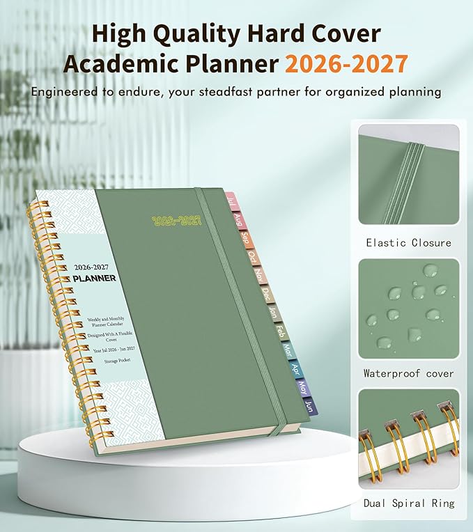 Academic Planner 2026-2027, Weekly and Monthly Calendar Planner from July 2026 - June 2027, 6.1" x 8.2" A5 Large Daily Agenda Book with Tabs, Flexible Cover, College School Organizer for Student Teacher,Green