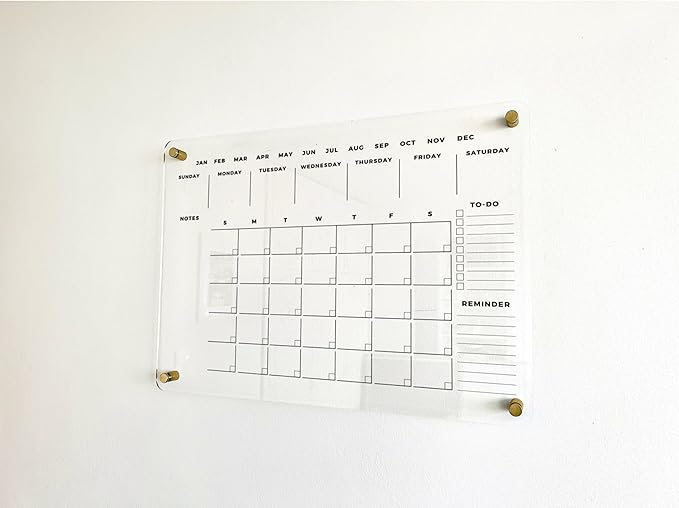 Acrylic Dry Erase Wall Calendar - Reusable Family Planner, Housewarming Gift, Horizontal Monthly Organizer Board (Gold Standoff, 28"x20")