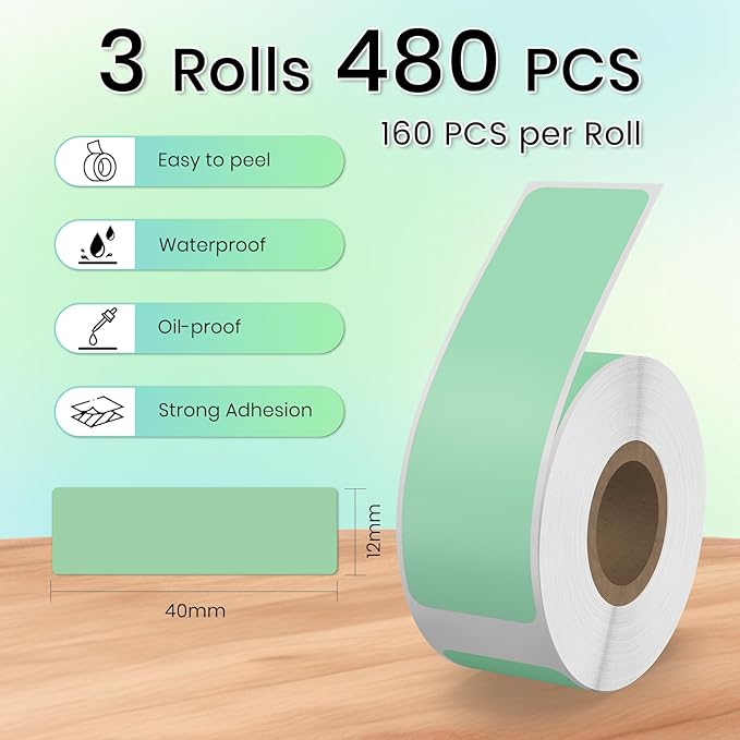 480 PCS D30 Label Maker Tape 0.47" × 1.57" (12 × 40 mm) Vinyl Waterproof Thermal Stickers Self-Adhesive Decals for Retail Office Home School Green