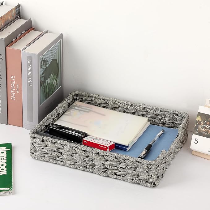 BTSKY Plastic A4 Paper Tray Organizer for Desktop Accessories, Hand-Woven File Holder with Sturdy Frame, All-in-One Storage for Letters, Magazines and Notebooks, Office and Home Supplies, Grey