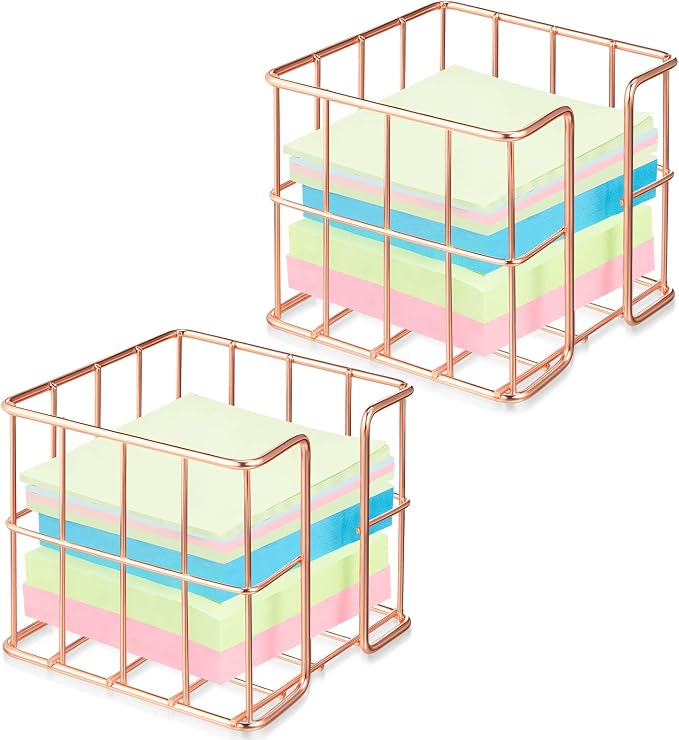 Harloon 2 Pcs Metal Sticky Note Holder 3.8 x 3.8 in Back to School Cute Memo Cube Dispenser Mesh Desk Organizer for Notepads Pens and Pencil Ideal for Classroom Office Supplies Home Storage(Rose Gold)