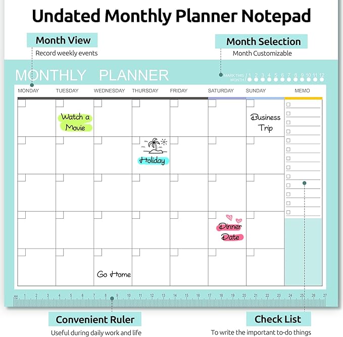 Phyxin Undated Planner, 54 Sheets Blank Calendar, 11.2" x 8.3" Monthly Calendar Planner, Tear Off Undated Monthly Planner with Memo for Women, Students, Teachers, Green