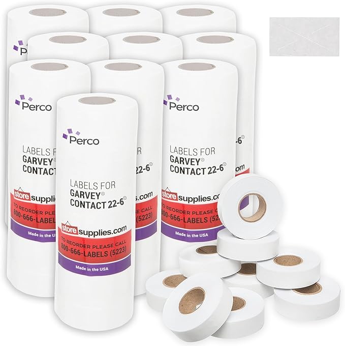 Perco 2212 White Pricing Labels for Garvey 22-6/22-7/22-8 Price Gun - 90 Rolls, 110,000 Pricemarking Labels - with Bonus Ink Rolls