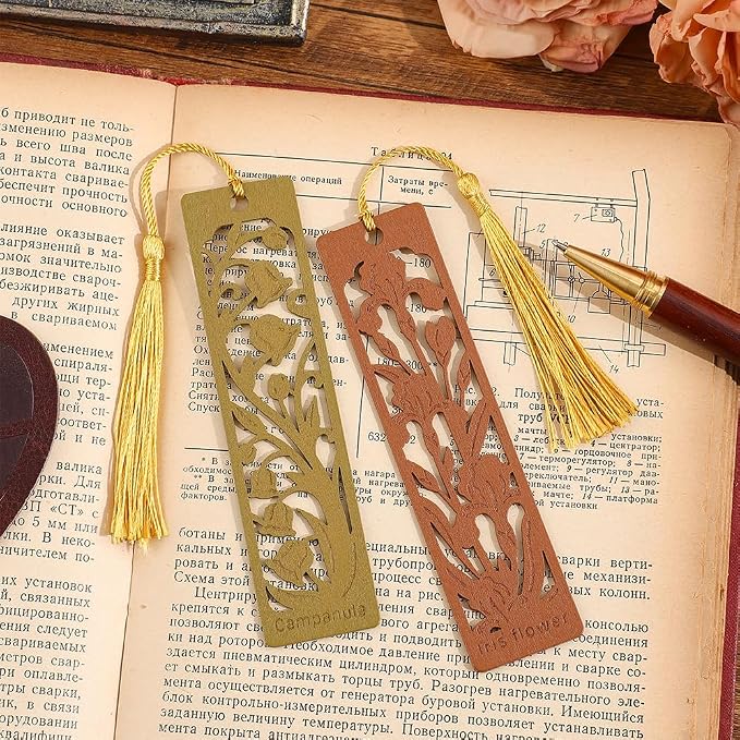 icceemee 2pcs Wooden Bookmarks with Iris & Bluebell Floral Design - Nature Themed Book Markers for Women, Men, Readers - Unique Gift for Book Lovers