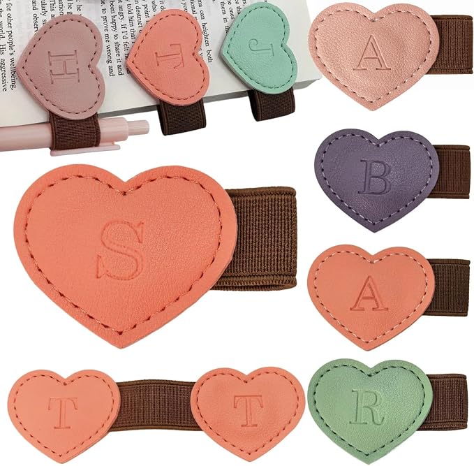 Personalized Magnetic Leather Heart Bookmark with Pen Holder - 26 Letters Custom Book Mark Notebook Pencil Loop with Initial Book Marker for Readers, Book Lovers- Gifts for Women Men(Black & Orange,S)