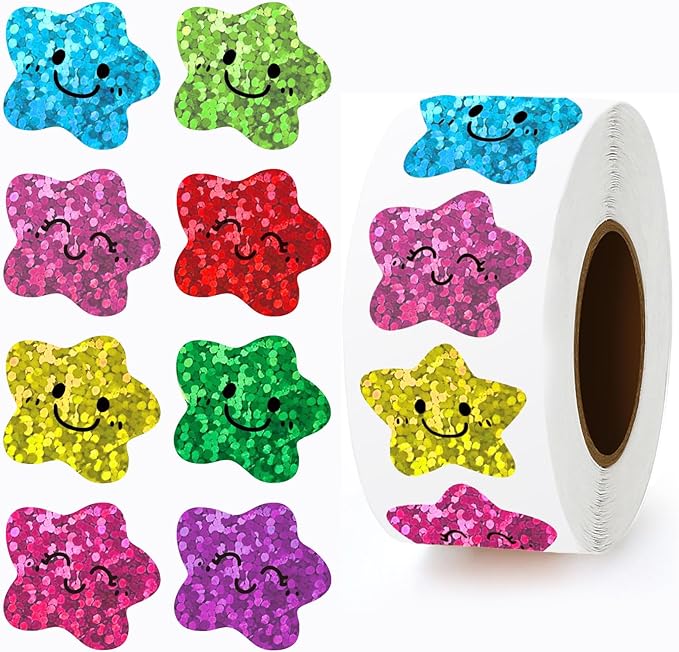 1000Pcs Smiley Face Star Stickers - 1 Inch Cute Glitter Reward Stickers, 8 Colors Sparkly Foil Decals for Kids Behavior, Toddler Potty Training, Teacher Supplies & Journals