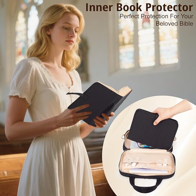 Large Bible Cover for Women,2 Compartments Bible Carrying Case With Handles Shoulder Strap, Soft Puffy Quilted Bible Bags With Book Cover Organizer, Bible Tote For Church Study Supplies Accessories