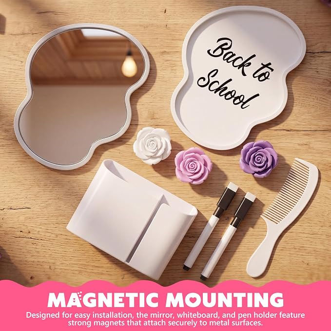 Sabary 10 Pcs Locker Accessories Kit Locker Decorations Supplies Including Magnetic Whiteboard Mirror Organizer Markers Rug Cute Flower Magnets and Comb for Office Back to School Essentials(Purple)