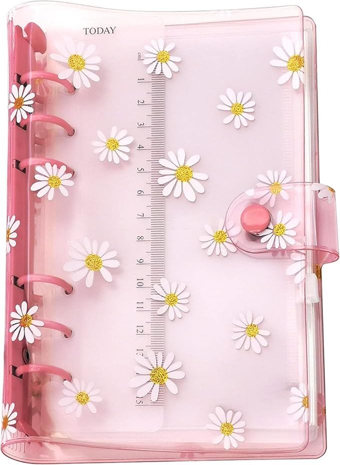 A6 A5 6-Holes Colorful PVC Cover Personal Organizer with Snap Button Closure File Folder for Loose Leaf Sheet Notebook (Pink Daisy, A6 Combo)