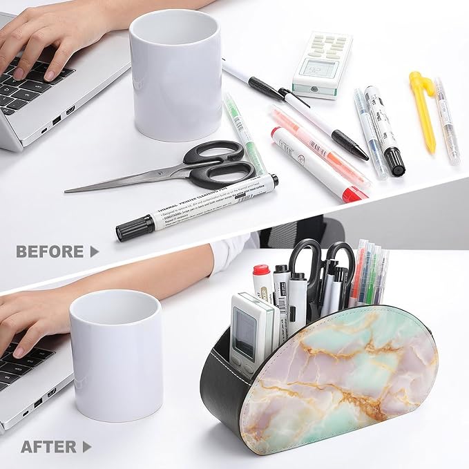 Pink Mint Lemon Marble Texture Remote Control Holder with 5 Compartments Leather TV Remote Caddy Remote Storage Box Desktop Organizer for Pen/TV Remotes/Media Controllers/Office Supplies