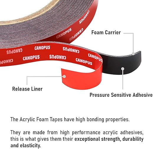 CANOPUS Double Sided Tape, 5952 Heavy Duty Mounting Tape, Strong Bond & Weatherproof Seal Strip for Automotive Mounting, Picture and Photo Frame, Poster, Craft, 0.75 in x 15 ft, Black, Made in USA