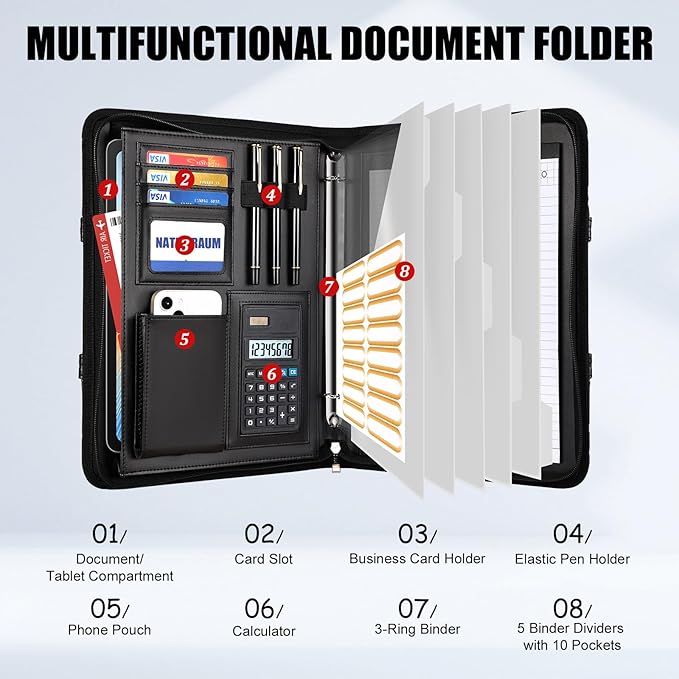 Portfolio Binder 3 Ring Includes Pen and 5 Dividers with 10 Pockets, Padfolio Organizer with Magnetic Handle for Men and Women, Includes A4 Notepad for Business, School, Work