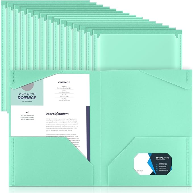 Henoyso 36 Pack Light Green Plastic Folders with Clear Front Pockets Heavy Duty File Folders with 2 Pockets and Card Slot for Student Communication School Office Presentation Report