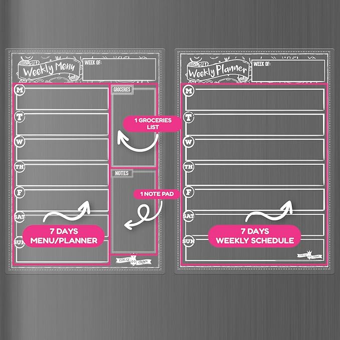 CHALKY CROWN Acrylic Magnetic Weekly Planner for Fridge Plus Menu Board for Kitchen with 8 Magnetic Markers - Dry Erase Board for Fridge - Weekly Meal Planner (2 Boards, 14.5x10.2 Each)