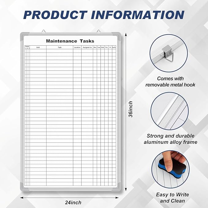 AmazingSpark Lined Whiteboard Blank Grid Aluminum Frame Dry Erase Board Reusable Wall Mounted Board for Scheduling, to Do Lists Weekly Planning Home Work(36 x 24 Inch,Vertical Maintenance Tasks)