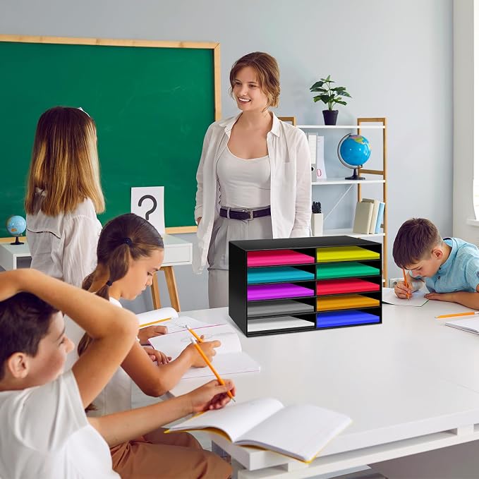 Fuutreo 2 Pcs Construction Paper Storage, Classroom Mailboxe, Back to School Literature Sorter, Sturdy Cardboard Paper Organizer for Teacher, Student, Office, 29.5" x 14.2" x 12.4"(10 Slots,Black)