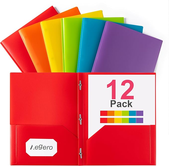 Aegero Folders with Pockets and Prong with Fasteners (12 Pack,Purple),Durable Plastic Pocket Folders with Prongs,Tear Resistant,2 Pocket 3 Prong Folders for Schoolwork & Office,Letter Size