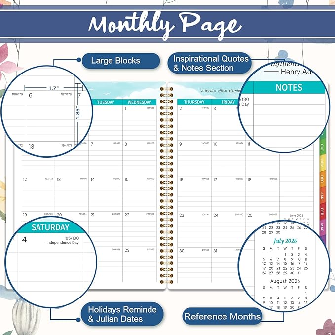 Teacher Planner 2026-2027 - Teacher Lesson Planner 2026-2027, 8.5”x11”, July 2026 - June 2027, Teacher Planner Academic Year, Colorful Monthly Tabs, Holidays, Pocket - Floral