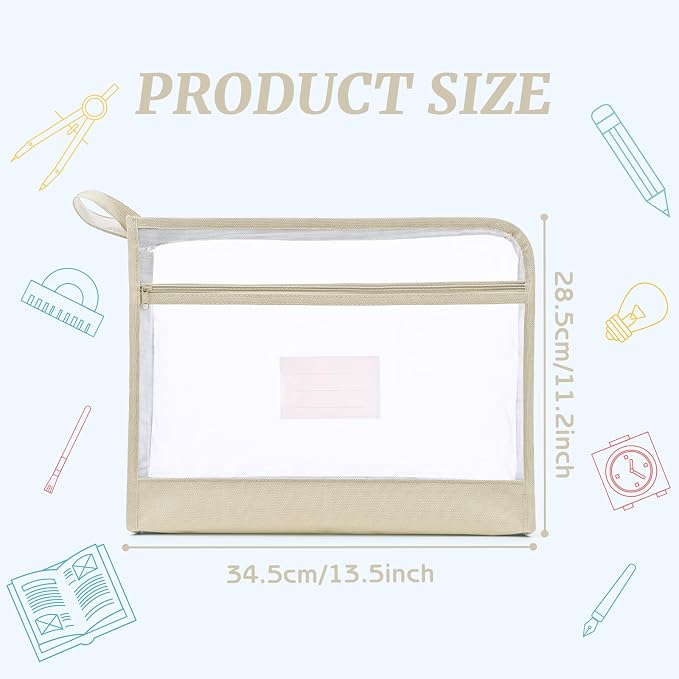 Mesh Zipper Pouch Bag with Handle, A4 Sized Double-Layer Clear Nylon Document Bags with Label, 14 x 10 in File Puzzle Storage Organizer for School Office Travel Supplies (Beige)