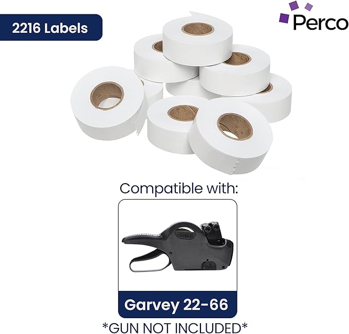 Perco White Garvey 2216 Pricing Labels for Garvey 22-66/22-77/22-88 Two Line Pricing Gun - 90 Rolls, 10 Sleeves - 90,000 Pricemarking Labels and 10 Inkers Included