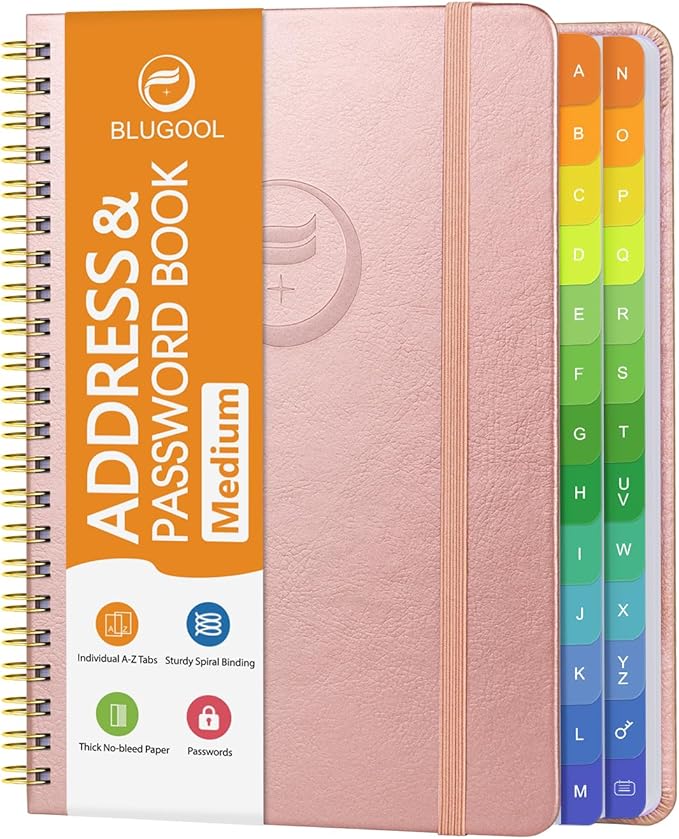 Address Book with Alphabetical Tabs-Address and Password Book for Seniors - Hardcover Spiral Bound Phone Book- Record Contacts, Website Login Passwords, Special Days -5.7" x 7.7", Rose Gold