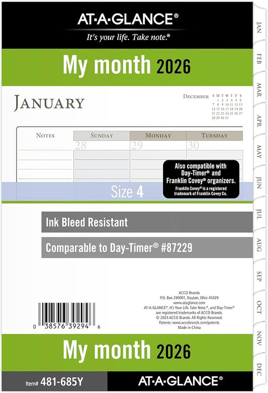 AT-A-GLANCE 2026 Planner Refill, Monthly, 5-1/2" x 8-1/2", Desk Size 4, Loose-Leaf, Ruled Blocks (481-685Y-26)